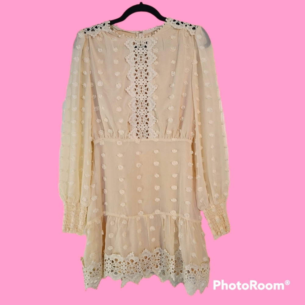 Lulus Beautiful Lust or Love Cream Embroidered Lace Long Sleeve Dress Size XS
